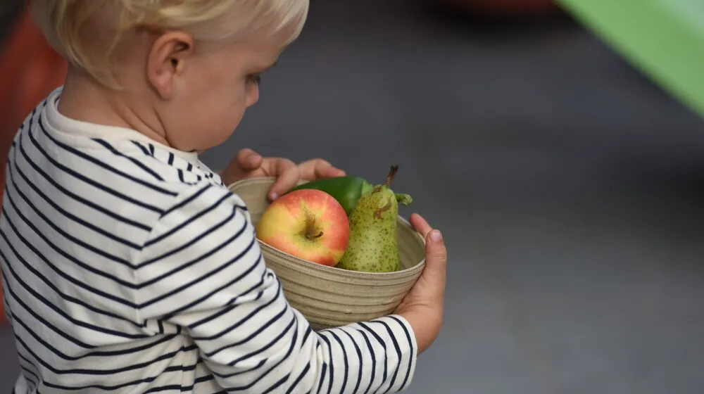 Kind draagt een schaal met geoogst fruit en groenten